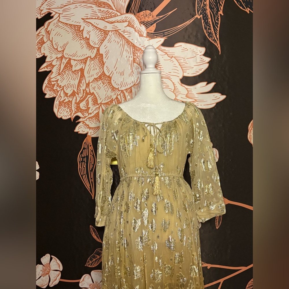 NWT BEAUTIFUL Metallic Gold Off-Shoulder Tie-Front Dress